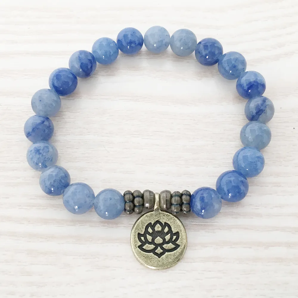 SN1108 High Quality Handmade Bracelet Blue Aventurine Bracelet Antique Brass Om Buddha Lotus Charm Bracelet Gift For Him339P