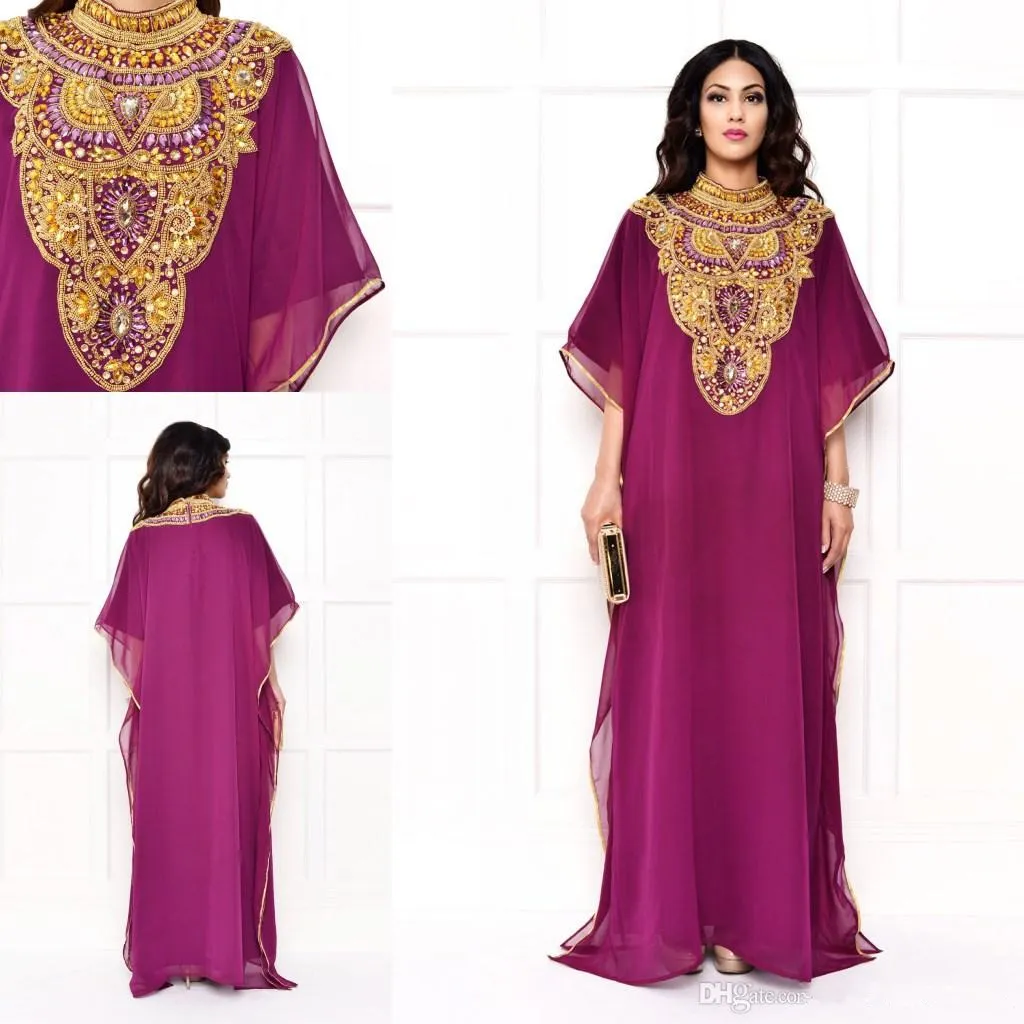 Arabian Dubai Kaftan Arabic Evening Dresses Beaded Crystal Collar Muslim Islamic Celebrity Dress Formal Party Gowns Abaya Caftan Chiffon