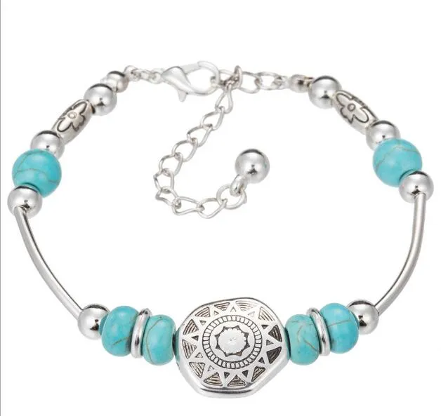 DHL Dames Boheemse Armbanden Owl Elephant Butterfly Peace Turquoise Beaded Silver Plated Handmade Charm Armband Sieraden Geschenken voor vrouwen