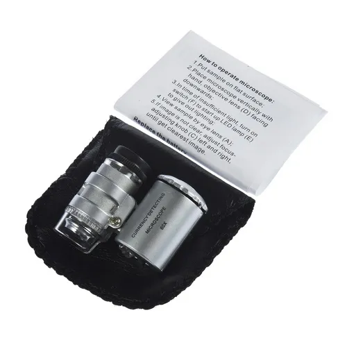 60-кратный мини-микроскоп, портативная увеличительное стекло, лупа для ювелирных изделий со светодиодной УФ-световой лупой, линза, карманная ювелирная лупа, кожаный чехол MG9882