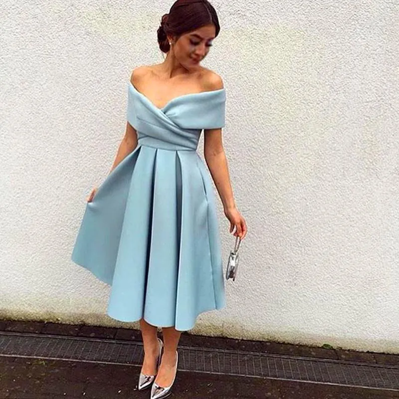 2023 Spring Summer New Tea Length Evening Dresses Simple Sky Blue Off The Shoulder Pleated Satin Zipper Formal Party Prom Bridesmaid Dresses