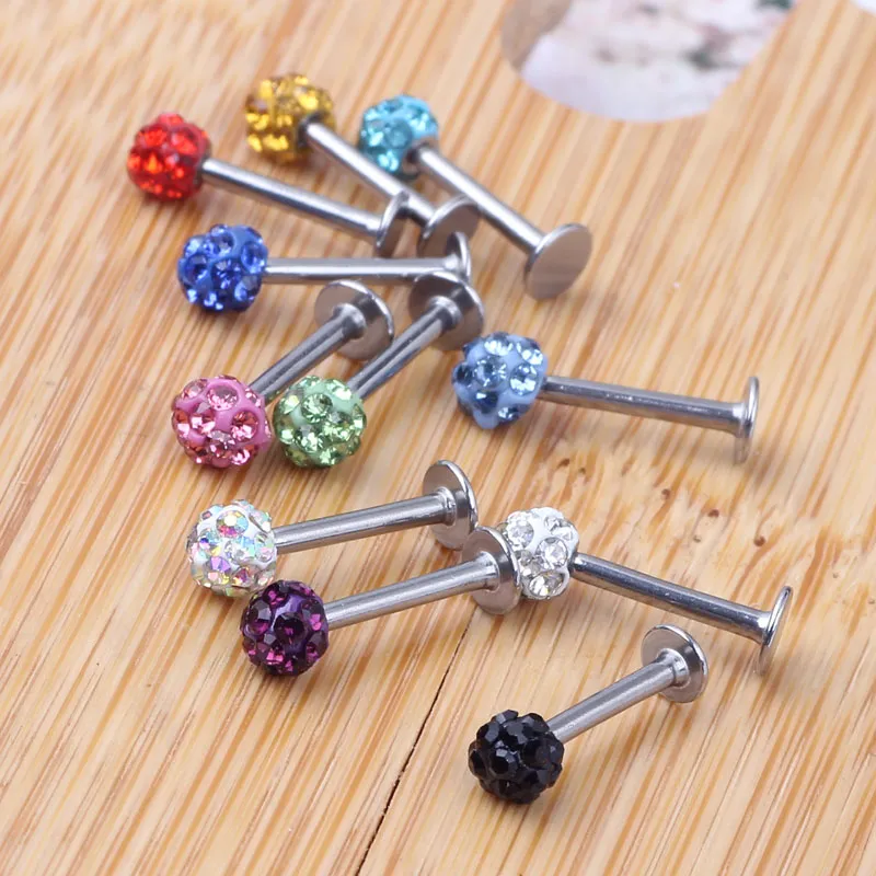 Vücut Takı Tragus Küpe Karışımı 10 Renk 6-12mm Shamballa Ball Cz Gem Disco 3 5mm Vücut Takı Dudak Yüzüğü Labret Piercing312H