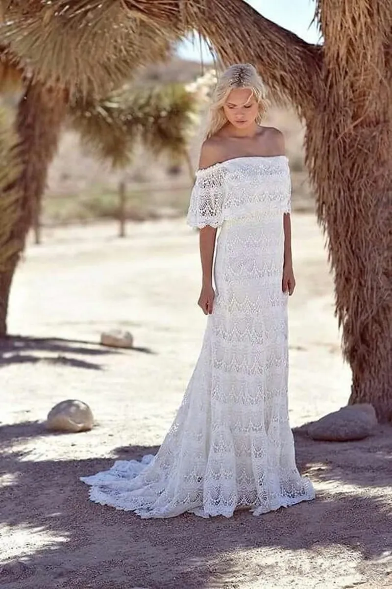 2016 Enkel Bohemian Lace Boho Bröllopsklänningar från axeln Billiga Beach Bridal Dresses Sweep Train Custom Made Bröllopsklänningar Vestidos