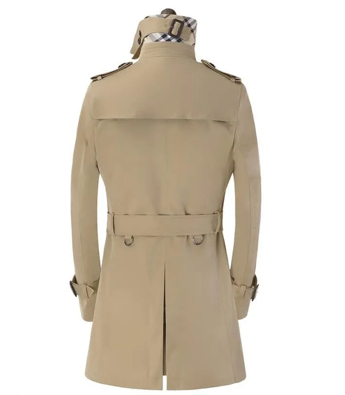 Trench-coat à double boutonnage pour homme, manteau long, kaki, noir, beige, noir, vêtements slim fit, pardessus en coton pour homme, plus