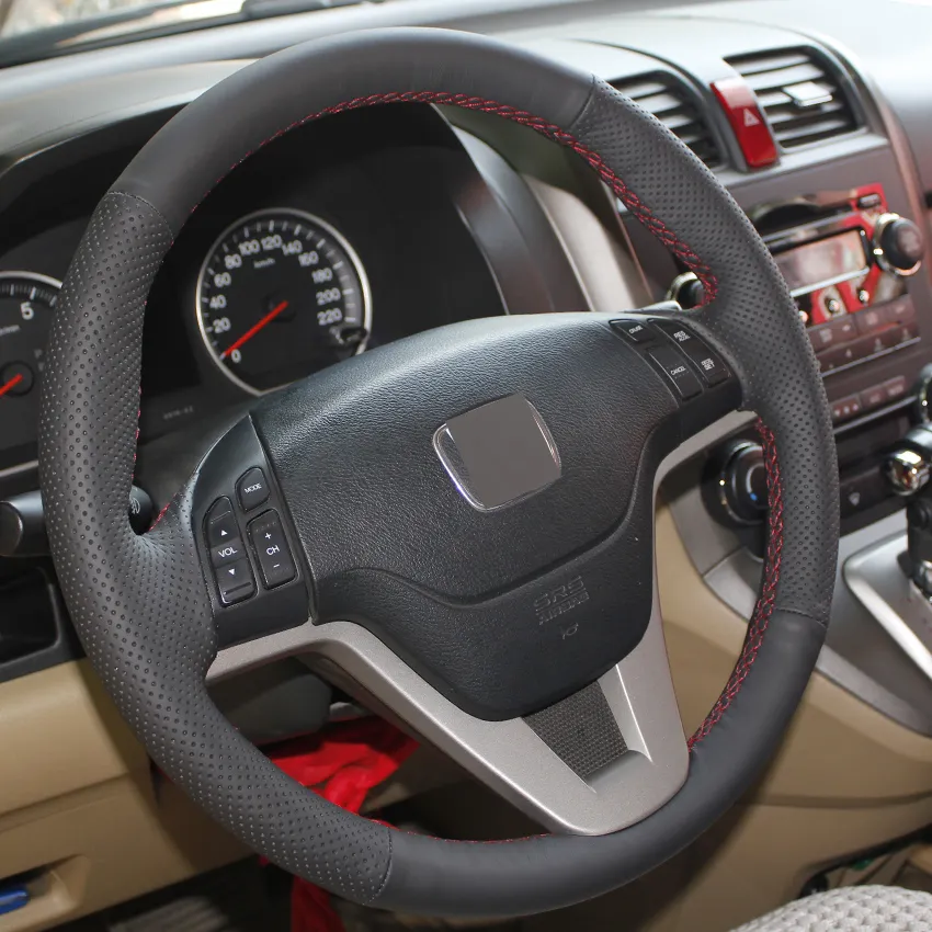 Couro preto mão-costurado tampa de volante do carro para Honda CRV 2007-2011
