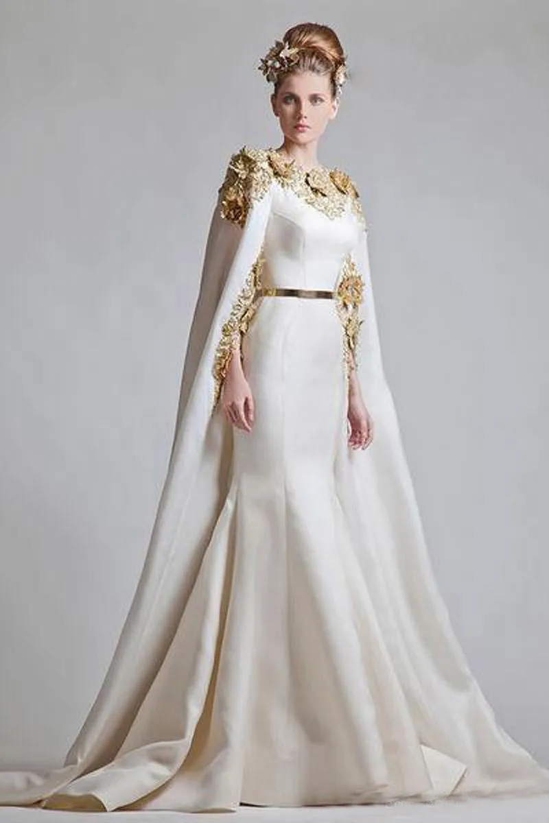 Modest Zuhair Murad 2019 Apliques dorados Vestido de sirena satinado Ropa de noche con tren de barrido envolvente Vestidos de noche árabes sauditas EN6013