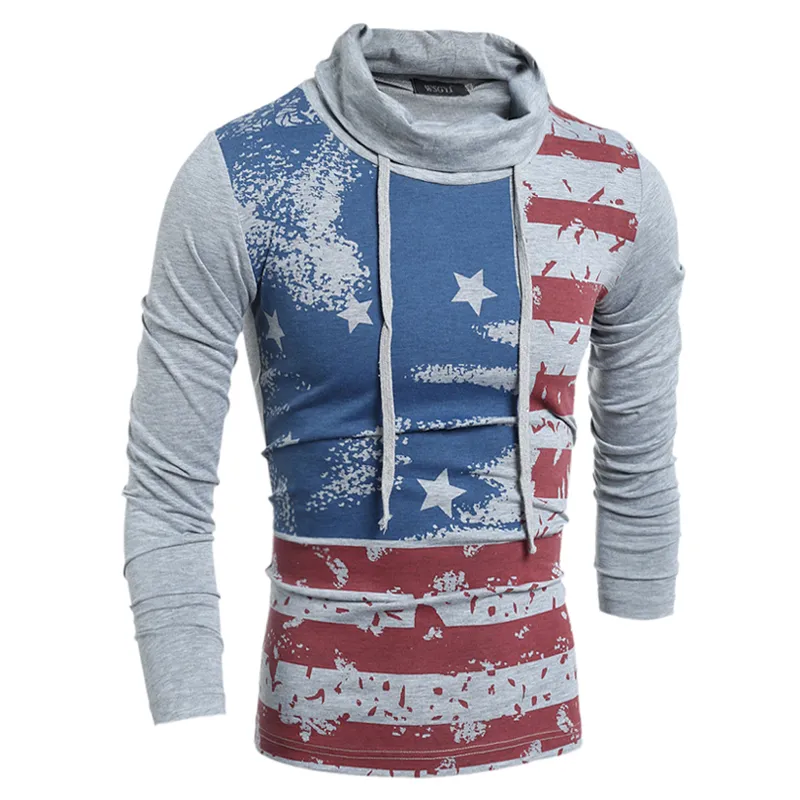 A European Style Mosaic Flag Men`s Stripe Tie Turtleneck T-shirt Printing Man`s Fashion Hoodie