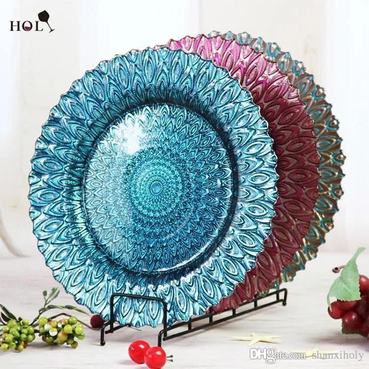 Großhandel preiswerte, elegante Platzteller aus dekorativem Farbglas für Hochzeiten und Veranstaltungen