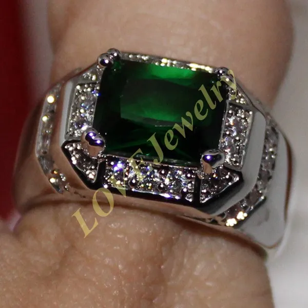 Fancy Men's 925 Silver Oblong Green Emerald CZ Side Stone Statement Ring Taille 9 10 Gift226y