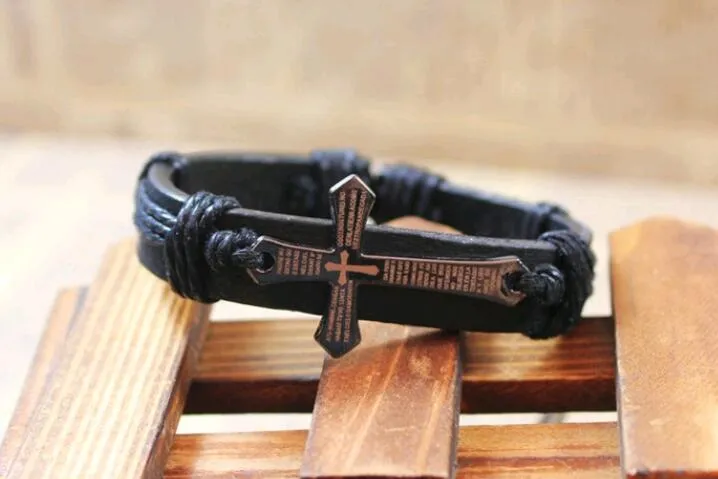 Croix Bible Charm Bracelet Tressé Lection Corde Chaîne Bracelet Fait À La Main Noir En Cuir Véritable Bracelet Réglable Vintage Bijoux En Gros