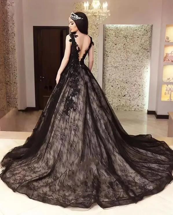 Najnowsze 2017 Vintage Black Lace Suknie Ślubne Eleganckie Zroszony Koronki Appliqued Backless Długie Suknie Ślubne Gothic Custom Made EN10915