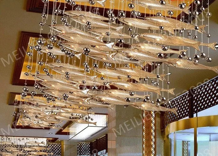 Be33 Modern LED Glass Cognac Färg Flyga Fisk Ljuskraft Matsal Bar Pendant Lights Crystal Taklampor för vardagsrum Hotell Lobby