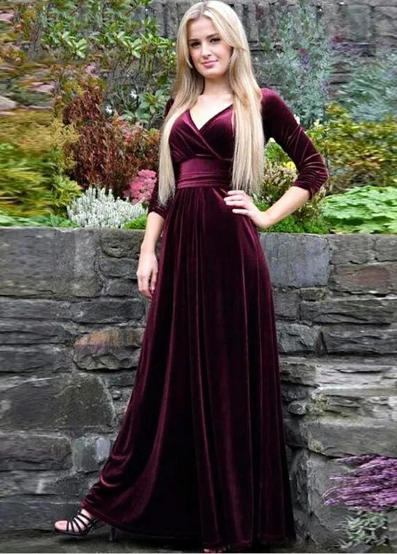Elegant V Neck A Line Burgundy Velour Evening Dress Simple Evening Dresses Robe De Soiree Charming Pleat Prom Party Dress