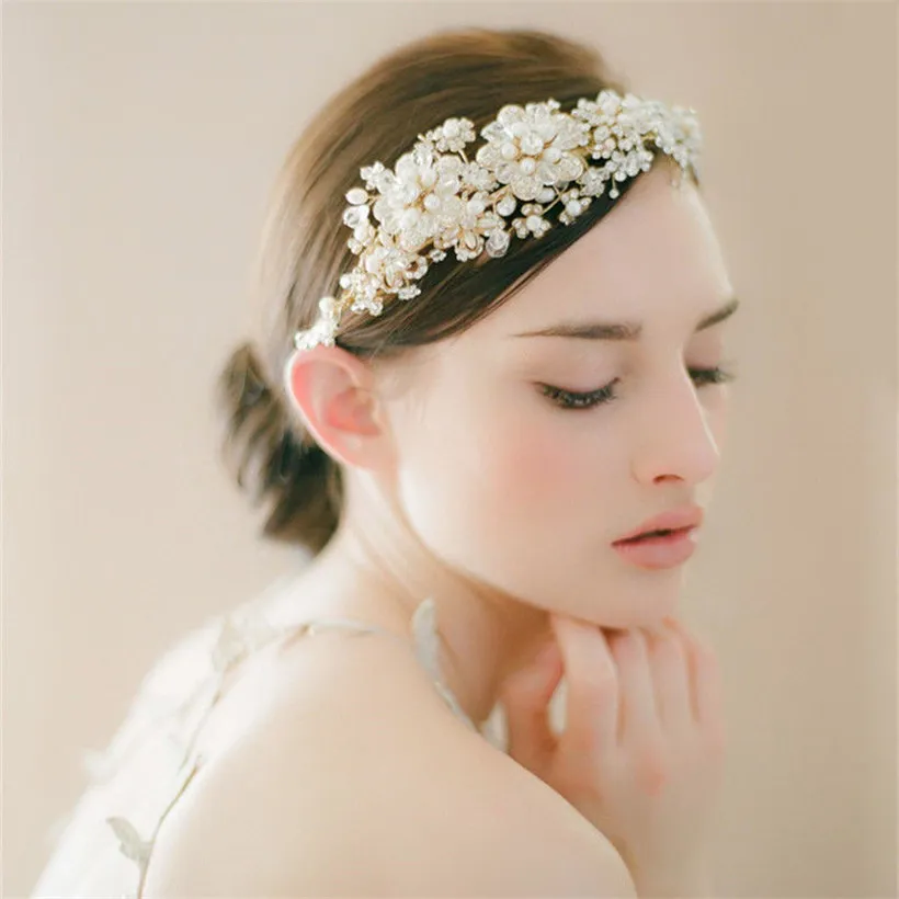 Vintage Wedding Bridal Rhinestone Crown Tiara Pearls Pałą na głowę Złote Srebrny Kwiat Kwiatowy nakrycie głowicy biżuteria