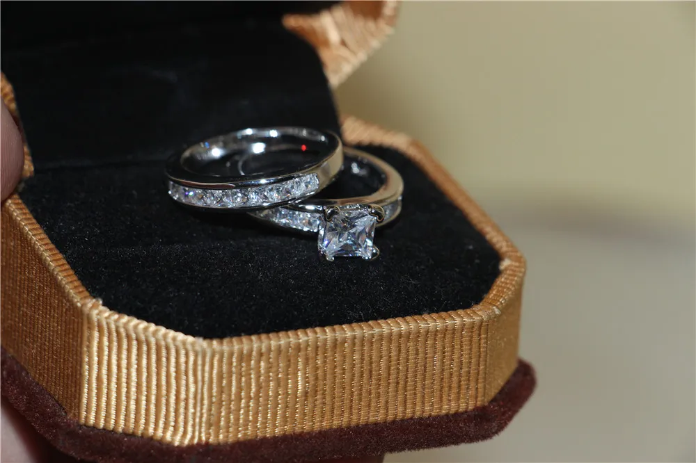 패션 보석 공주 컷 시뮬레이션 다이아몬드 지르콘 여성 사이즈 5 ~ 10 925 실버 약혼 결혼 기념일 밴드 반지 세트