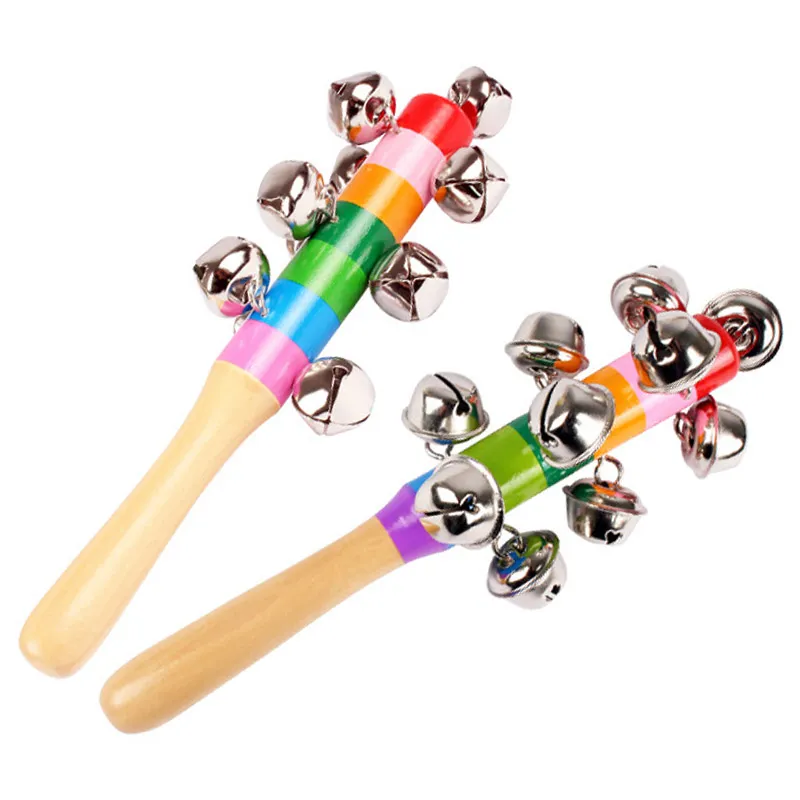 Wooden Stick 10 Jingle Bells Rainbow Hand Shake Bell Rattles Baby Kids Children Educational Toy