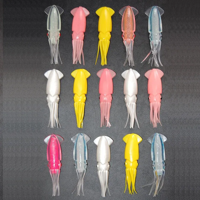 15 pcs 8 cm De Plástico Macio Lulas De Pesca Para Jigs de Cor Misturada Big Game Pesca Luminosa Lula Saias Artificial Jigging isca