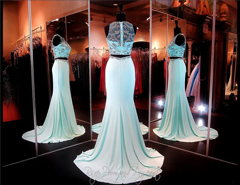 Aqua Crop Top Prom Dress Two Piece High Beaded Neckline Beading Mermaid Evening Dress Illusion Back Chiffon Pageant Dress