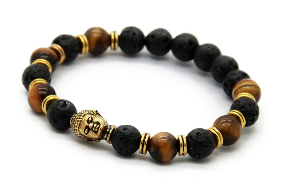 Hot Sale Lava Stone Pärlor Buddha Men Armband, Guld, Sliver och Bronez Buddha, Svart Yoga Armband, Unisex