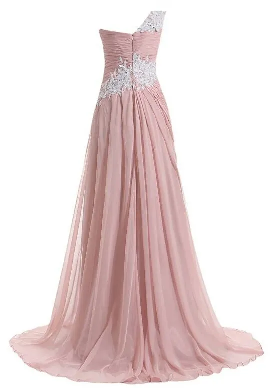 Chiffon coral longo vestidos de dama de honra com apliques de renda marfim um ombro frisado plissado formal vestidos de baile de noite custom made247067691