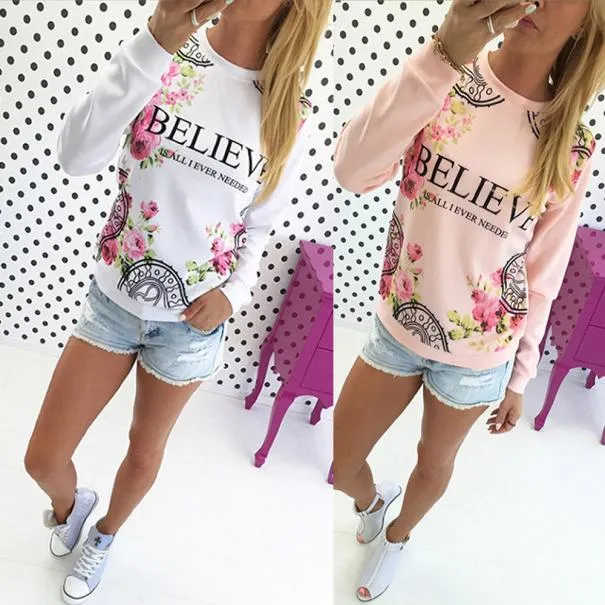 Kimisohand 2016 Fashion Women Casual Loose Cotton Floral Print Hoodies Sportwear Pullover Sweatshirt Long Sleeve Blouse Tops