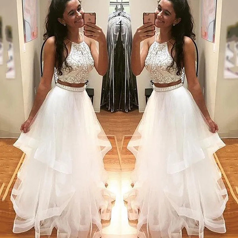 Spaky Crystal Zroszony Długi Prom Dresses Sexy Halter Dwa Kawałki Bez Rękawów Długi Prom Party Dress na Graduation Vestidos Lonos