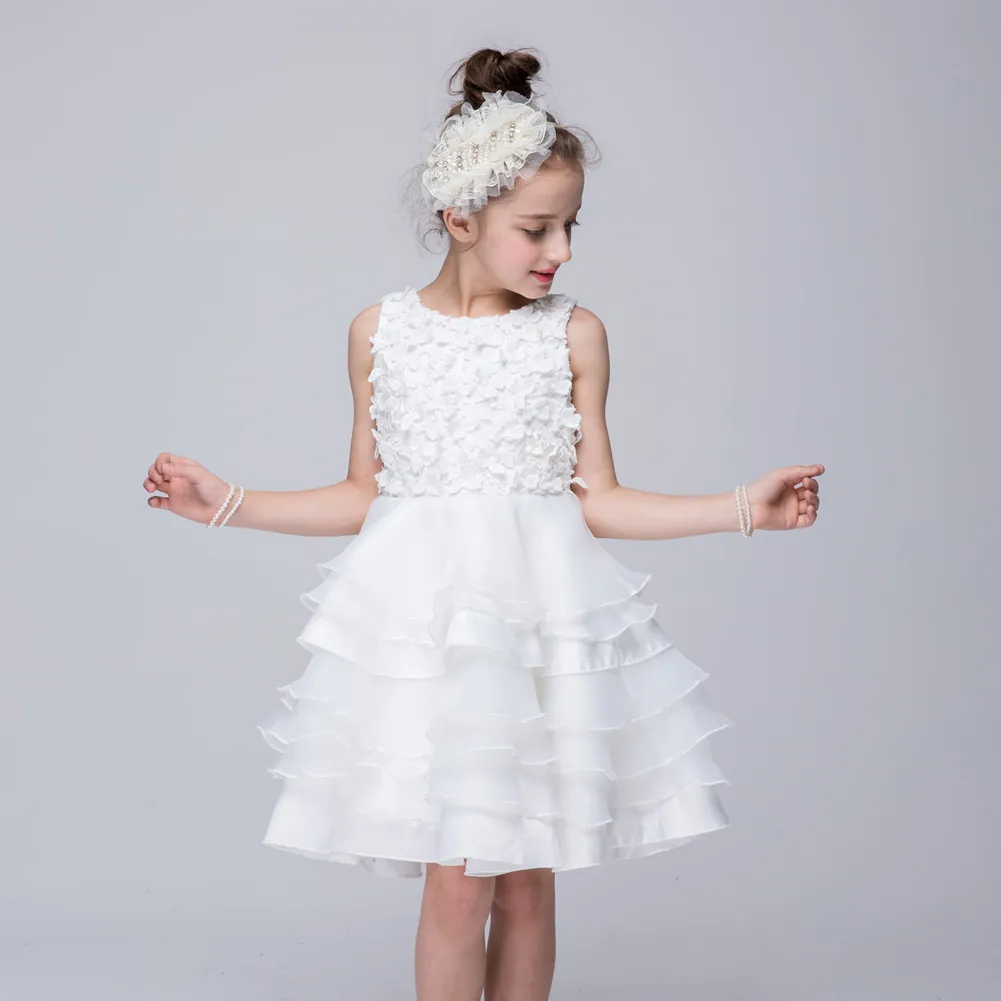 Stock Biały Organza Dress Dla Dzieci Linia Ruffles Kwiat Girl Sukienki Długość Koleń Dziewczyny Korowody Suknie Tanie Toddler Pagews Suknie 55