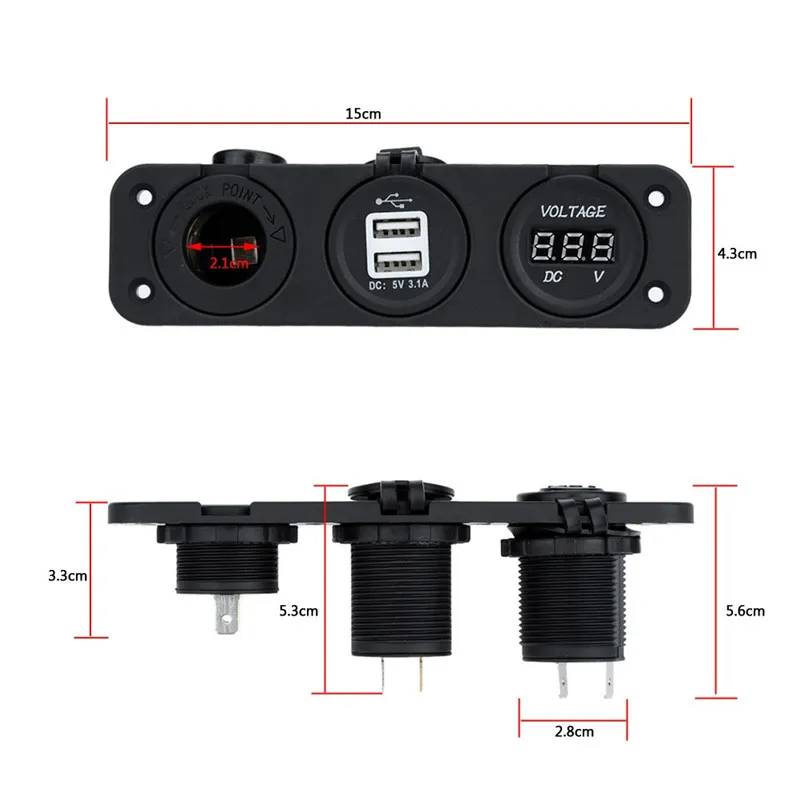 NUOVO adattatore caricabatterie splitter presa accendisigari auto Dual USB fai-da-te + voltmetro digitale moto ATV