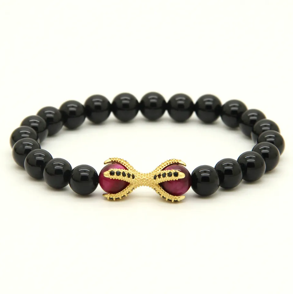 Natural Stone With Rose Tiger Eye Beads Micro Inlay Black CZ Beads Eagle Claw Beaded Bracelets