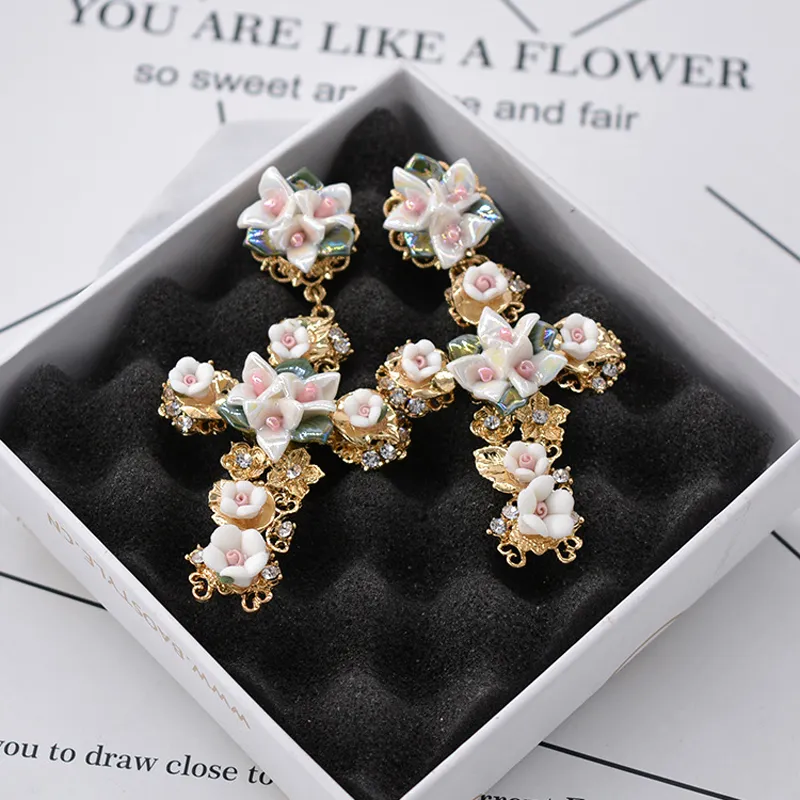 New Design Baroque Ceramic Cross Stud earrings for women Fashion Punk jewelry Crystal Flower statement earrings Brincos Bijoux