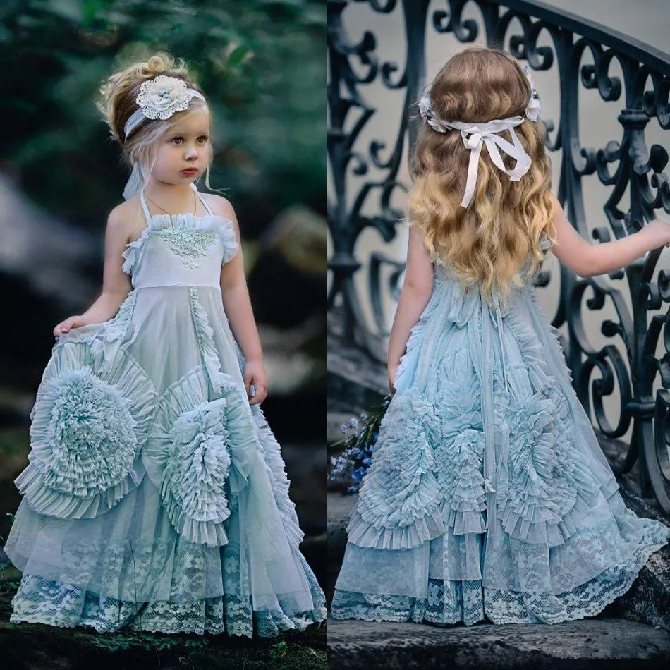 Vintage Flower Girl Wedding Dresses Halter Princess Kids Birthday Party Gowns Unique Design 3D Handgjorda Blommor Spetsar Pagant Klänning