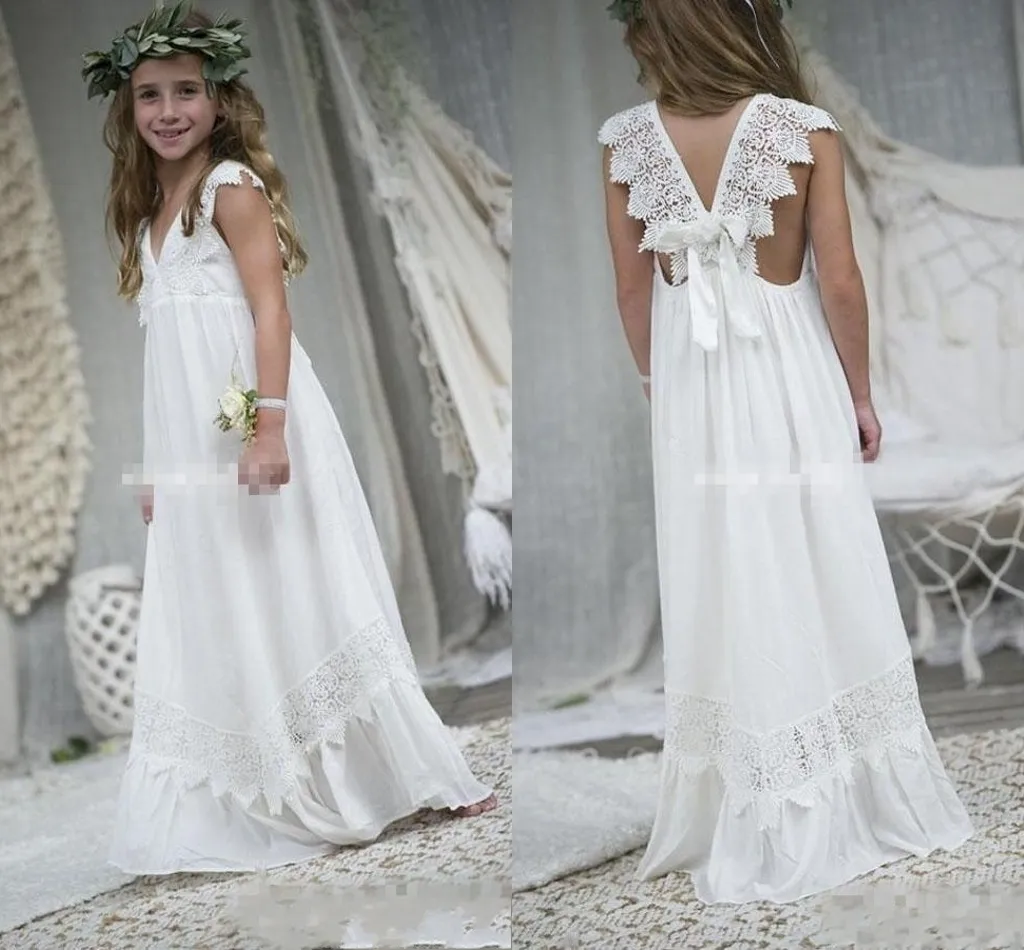 2019 New Arrival Boho Vestidos menina para casamentos baratos V Neck Chiffon Lace Criança Comunhão formal do casamento Beach Dress Custom Made