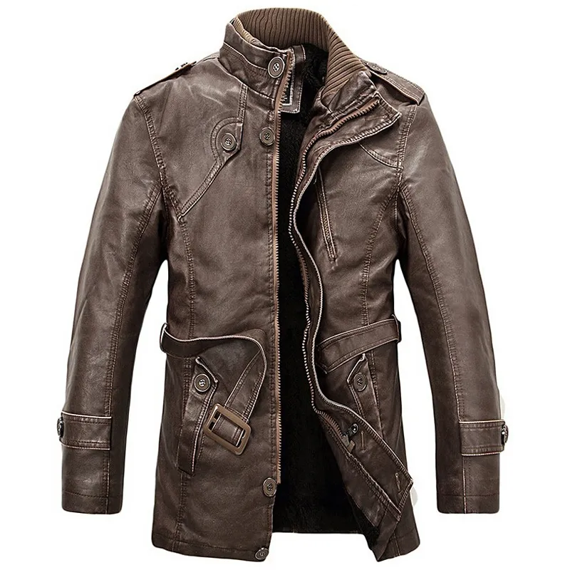 Wholesale- PU Leather Jacket Men Long Wool Stand Collar Coats Men's Leather Motocycle Jackets Overcoat Trench Parka jaqueta de couro
