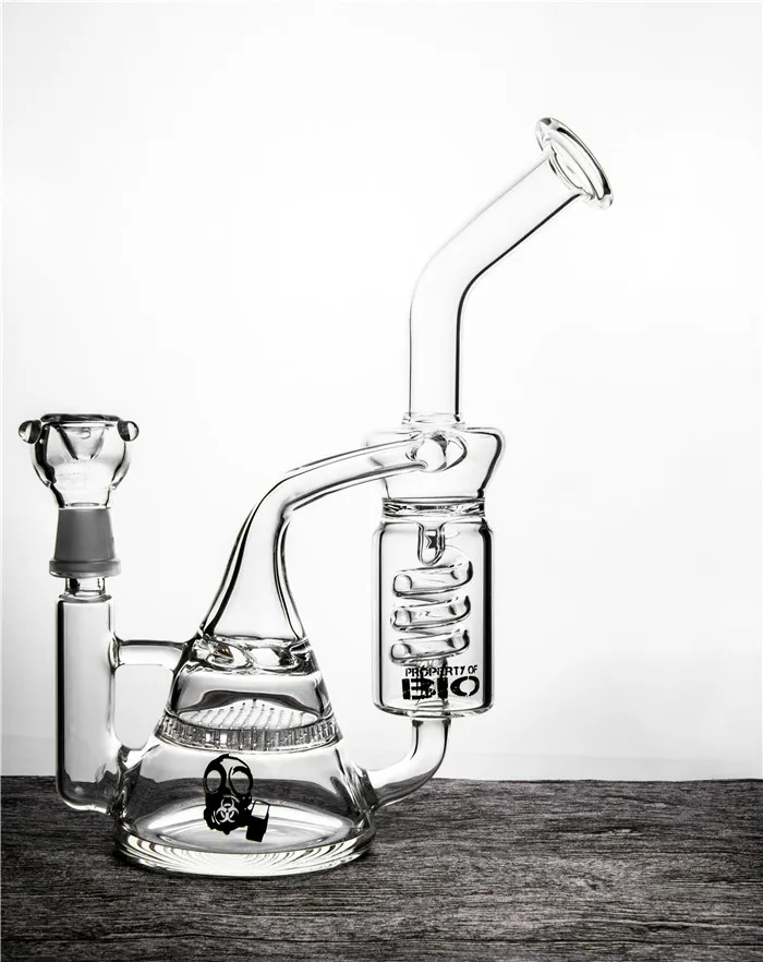 Kopfige Becherglas Bong Fliter Perc Glass Bubbler Schädelschule und Wabenperkolator Recycler Wasserrohre Spräleröl Stammless