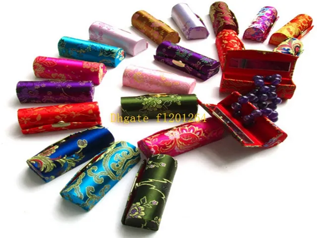 100 stks / partij Retro Nieuwe Lippenstift Brocade Geborduurde Bloem Design Houder Box met spiegel Cosmetische tassen Multicolors Cases