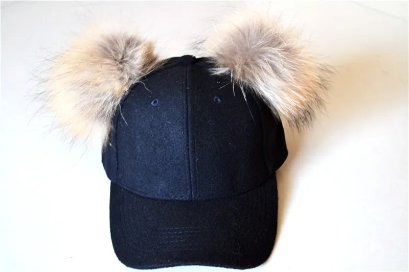 Cotton baseball cap with two Pom Pom faux fur hats unisex adjustable snapback hat caps newest 200N