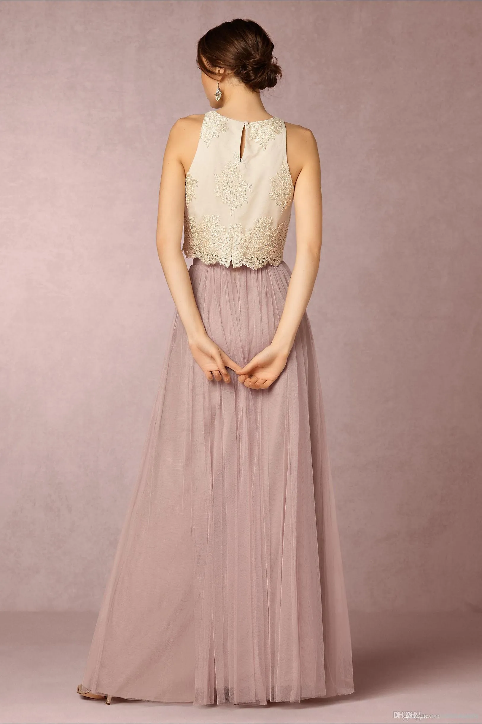 Two Pieces Bridesmaids Dresses Jewel Neck Chiffon Tulle A Line Pleats Lace  Applique Floor Length Bridesmaid Dress Wedding Party From Allanhu, $77.15