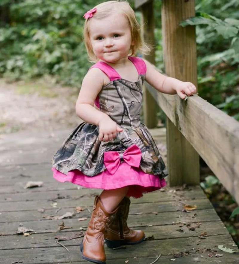 2016 Camo Baby Girl Dress With Fushia Pink Strap On Bowknot And