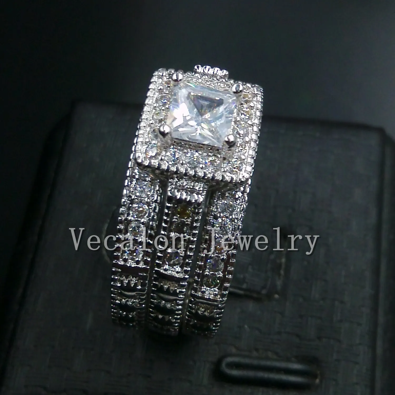 Vecalon Antique Jewelry 3-in-1-Ehering-Set für Damen, 2 Karat künstlicher Diamant, 10 KT Weißgold gefüllt, Verlobungsring