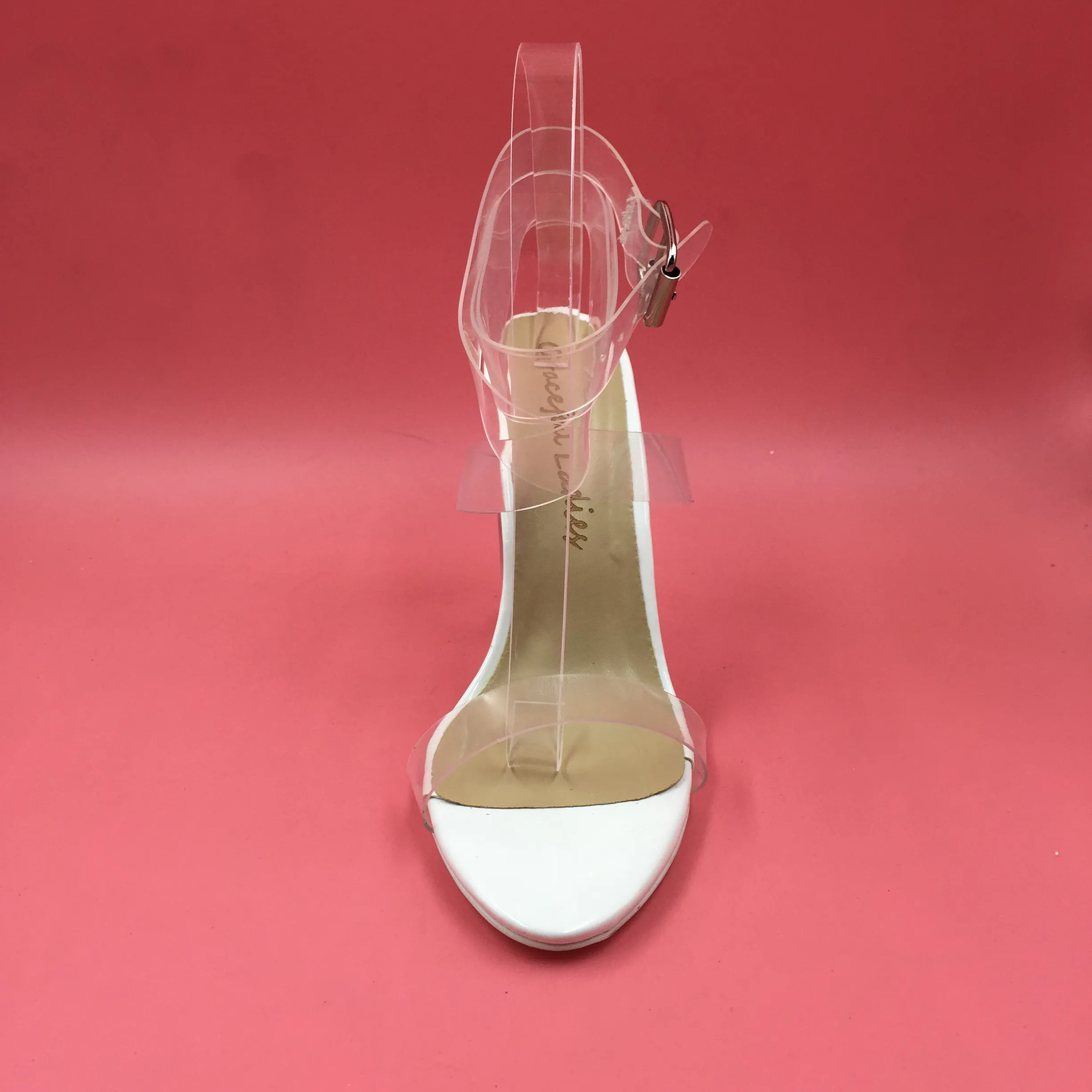 Kim Kardashian PVCの女性サンダルアンクルストラップラウンドクリアハイヒール10cmレアルイメージセクシーなパーティーサンダル透明プラスチック
