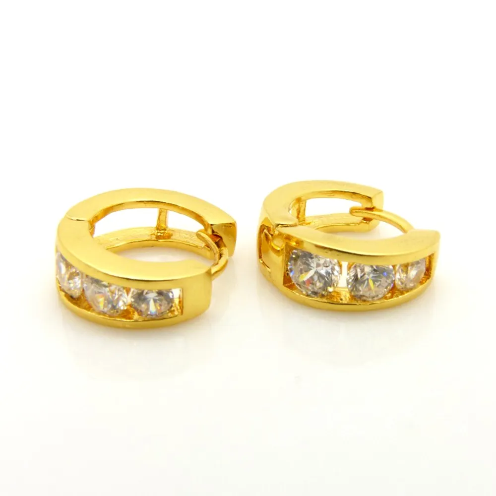 Classic Huggie Earrings 24k Yellow Gold Filled Wedding Hoop Earrings With Clear Crystal