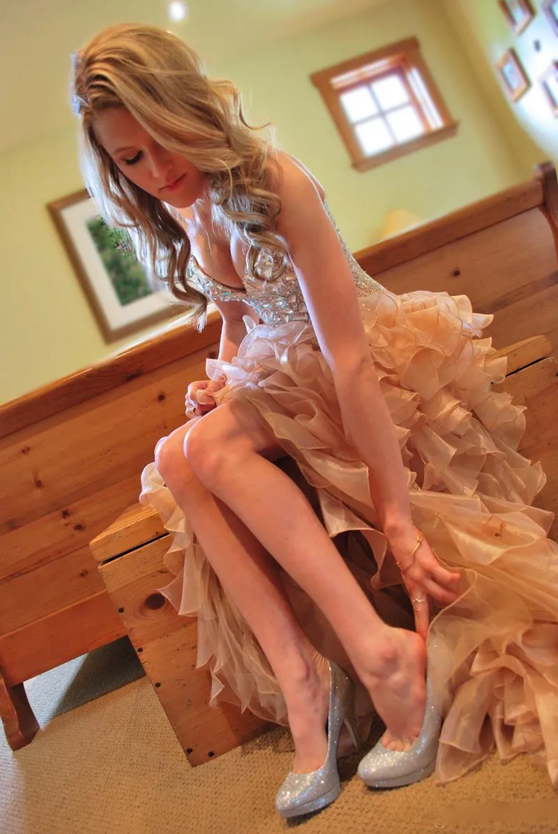 Hi-Lo rosa 2016 Prom Dresses con corsetto corpetto Sweetheart Abiti Sexy High Low Party / Prom Dresses con cristalli / Strass / Bordare