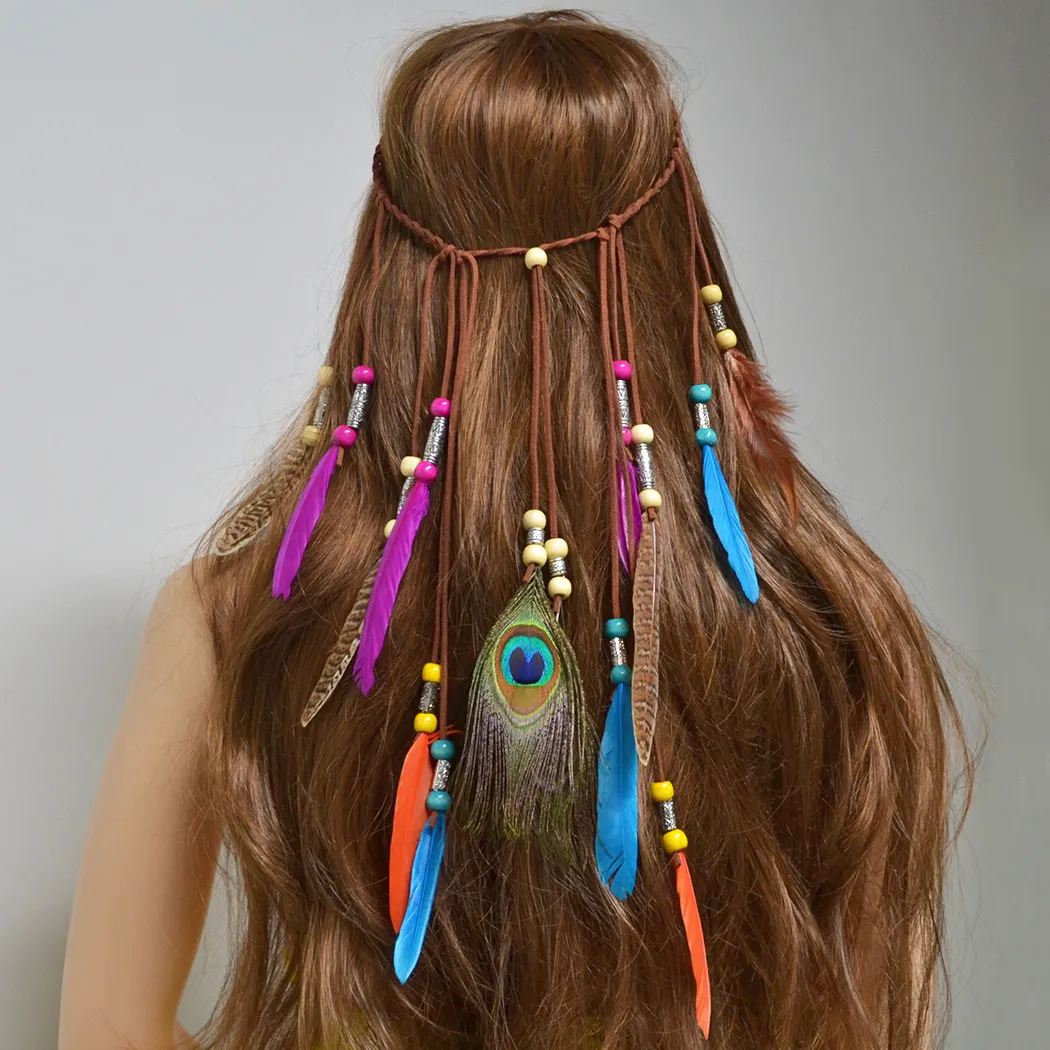 Hecho a mano étnico Tribal gitano turco cuerda cuentas de madera pluma diadema Clip de pelo joyería para mujeres niñas joyería