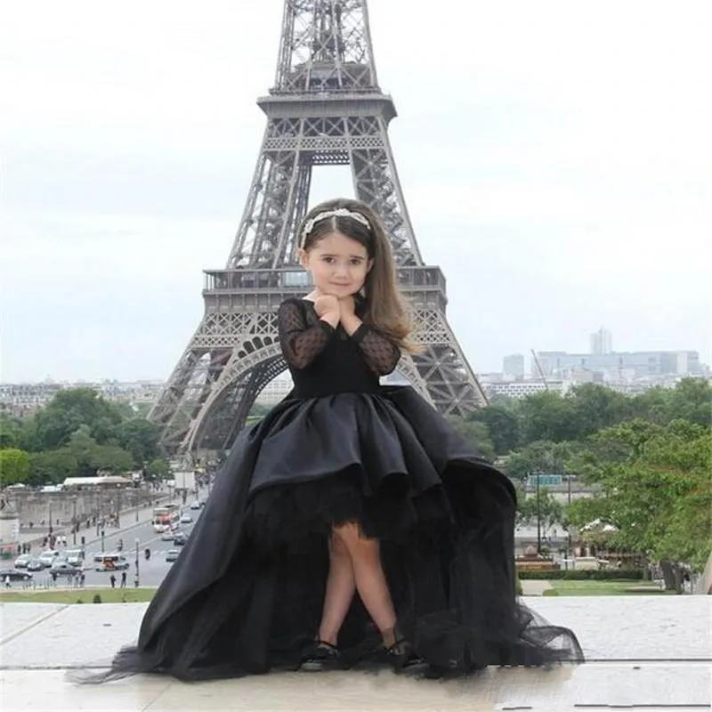 2016 Popular Black Pageant Dresses For Girls Jewel Long Sleeve Flower Girl Dresses For Toddlers Teens Kids Wear Party Communion Dresses