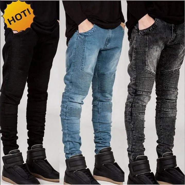 Fashion 2016 Hot Stretch Slim Fit Rakbyxor Pläterad Runway Biker Jeans Män Vit / Kaki / Svart / Grå / Blå Bottoms Mens 28-38