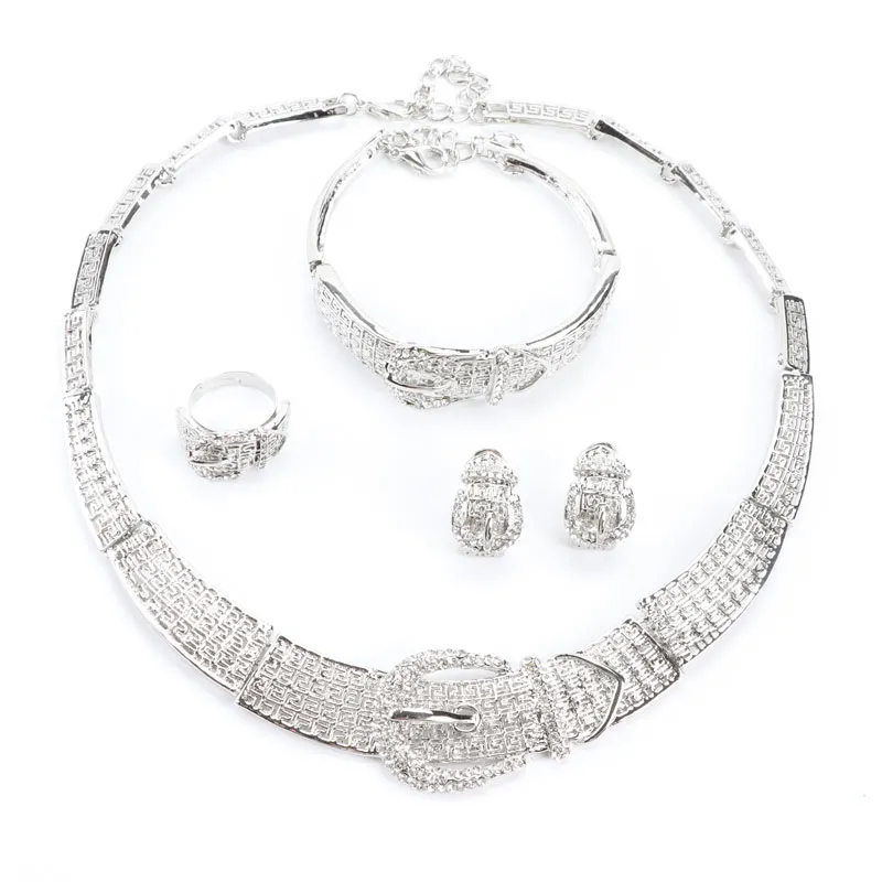 Conjunto de joyería de boda chapada en oro de 18 quilates, diseño africano de moda, collar de moda con diamantes de imitación, pulsera, anillo, pendiente