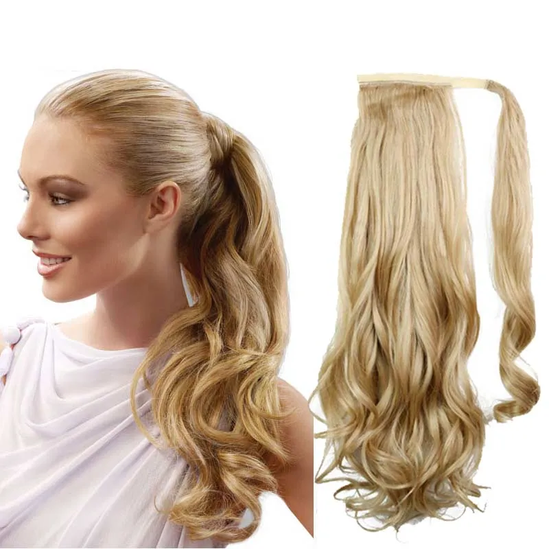 Groothandel-pony staarten paardenstaartjes haarstukken 22 "synthetisch haar lange cloy-clip in lint paardenstaart hair extensions krullend haarstuk nep