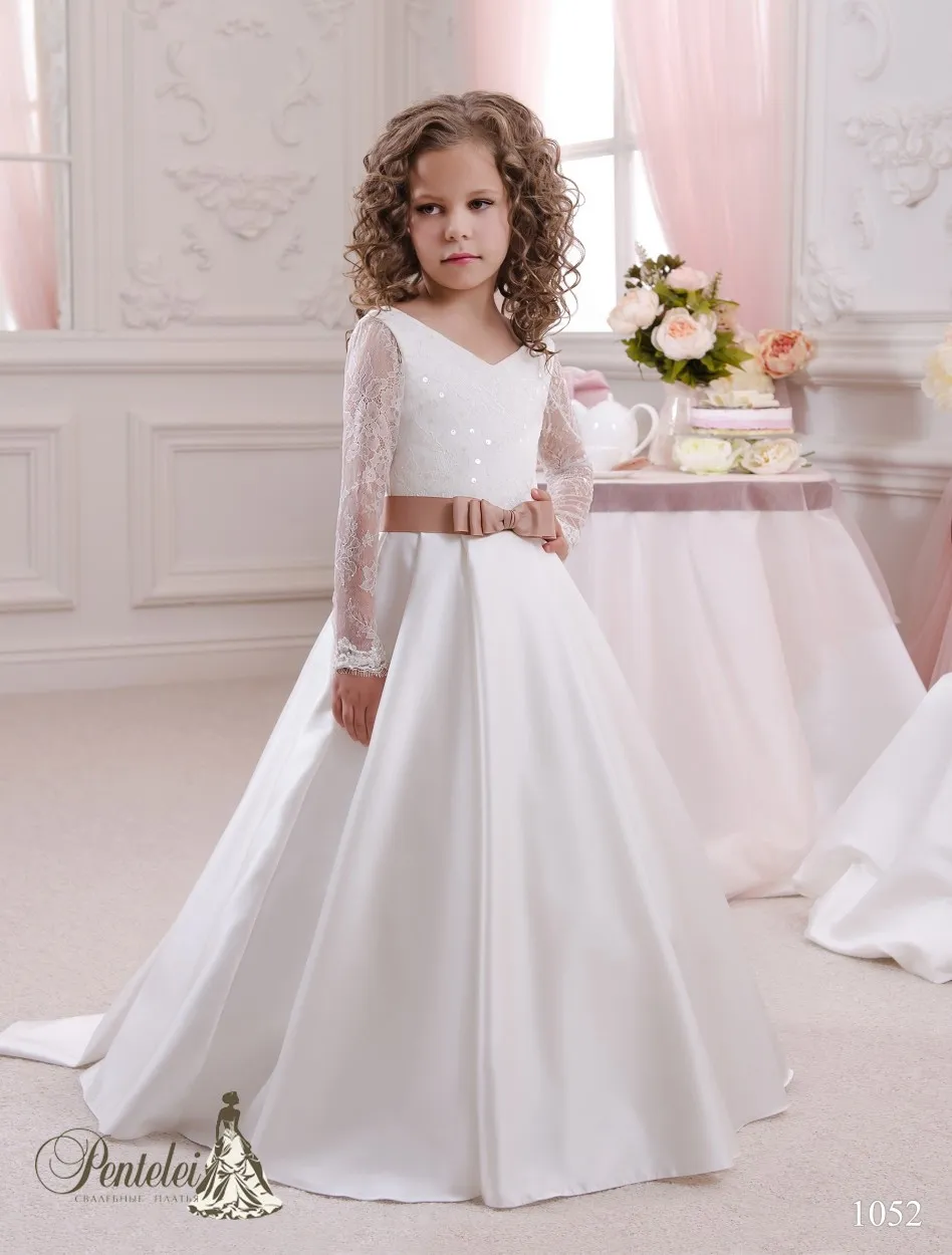 2016 Girls Dresses Special Occasion with Long Sleeves and V Neck White Satin Elegant Flower Girls Gowns with Coffee Sash Pentelei