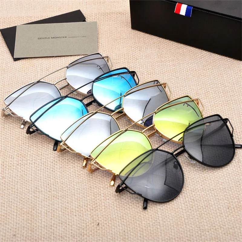 Women's Flat Lens Mirrored Metal Frame Glasses Oversized Cat Eye Sunglasses New