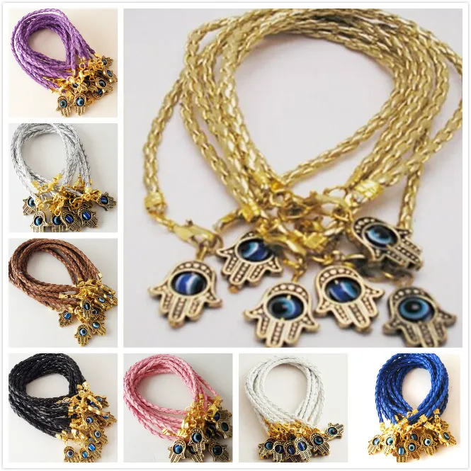 Free 100Pcs gold HAMSA HAND Evil Eye String Bracelets Lucky Charms Leather HOT 20cm